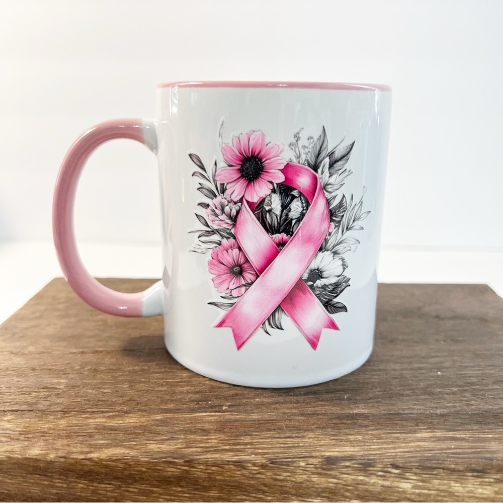 Breast Cancer Awareness Pink Ribbon Floral Mug – Support Gift Coffee Cup
